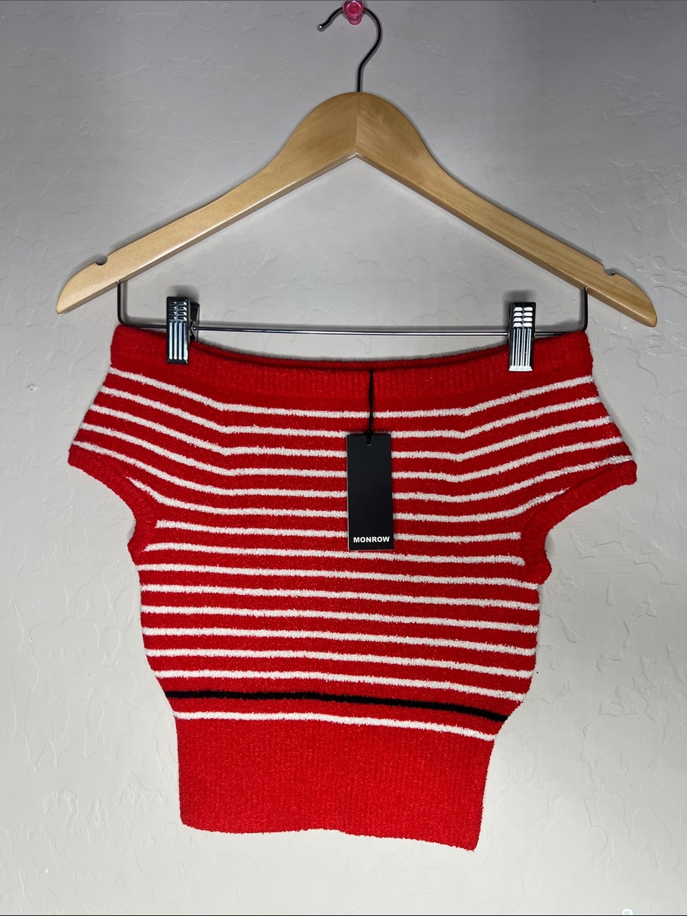 Monrow Red & White Striped Off-Shoulder Crop Top